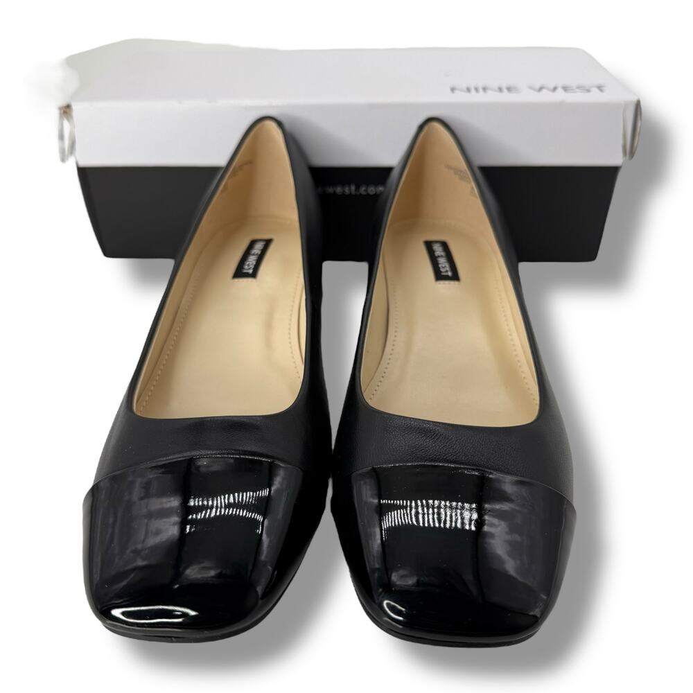 Nine West Black Leather Cap-Toe Low Block Heel Flats - Picture 5 of 11